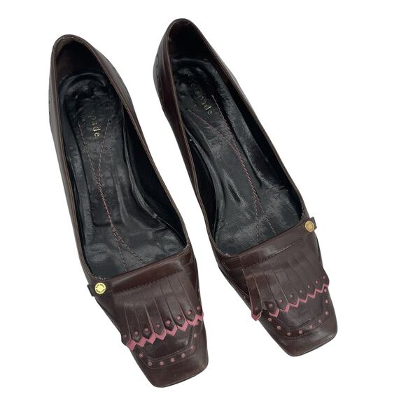 Kate Spade New York Size 6.5 Leather Fringe Tassel Loafers Brown Pink Low Heel - Picture 2 of 11